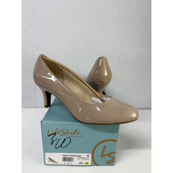 LifeStride Women's Parigi Taupe Patent Slip On Round Toe Kitten Heels Sz 8.5M - Picture 1 of 6